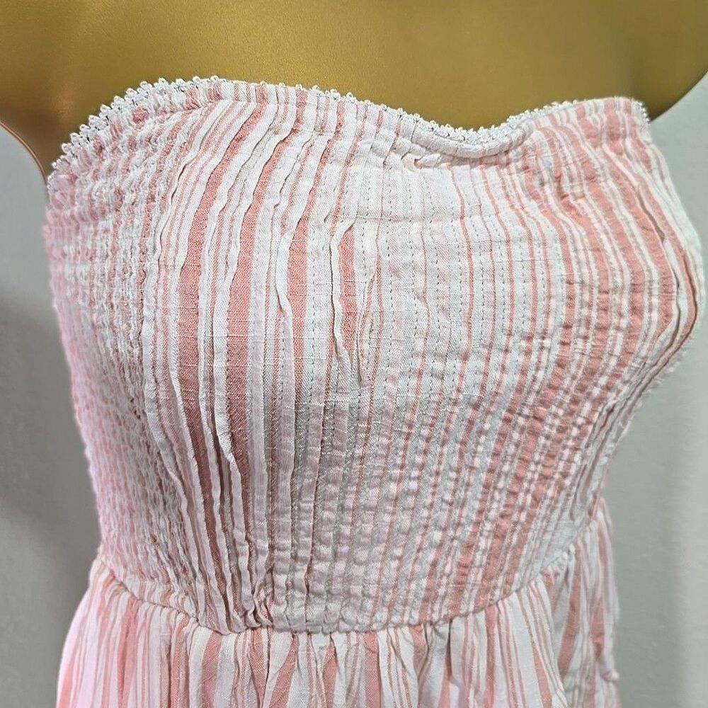 Coquette Milkmaid Ruched Strapless Sweetheart Dress Med Pastel Pink White Stripe